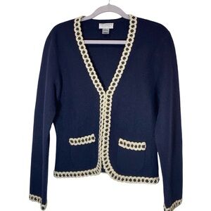 Vintage Talbots Collection 100% Wool Cardigan - Navy Blue with Cream Crochet